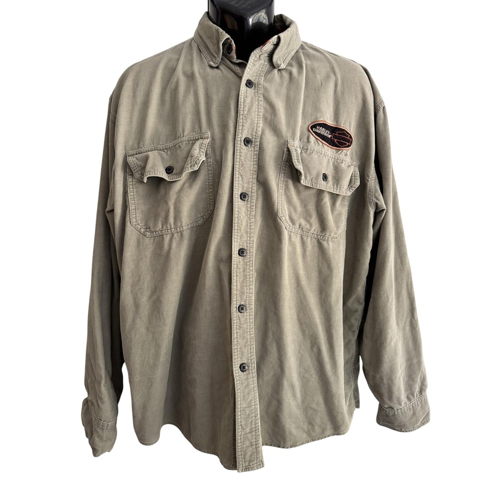Vintage Harley-Davidson Shirt Mens Large Green Corduroy Long Sleeve Button Up